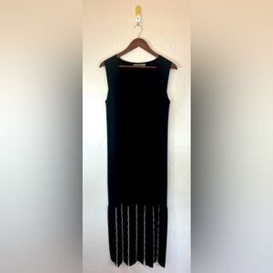 D . EXTERIOR Made In Italy Black Stretch V Neck Midi Dress Gala Formal Fringe XL